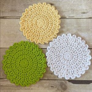 Set of Three Crochet Spring/Easter Colors Small Coaster/Doilies 5 1/2 In.